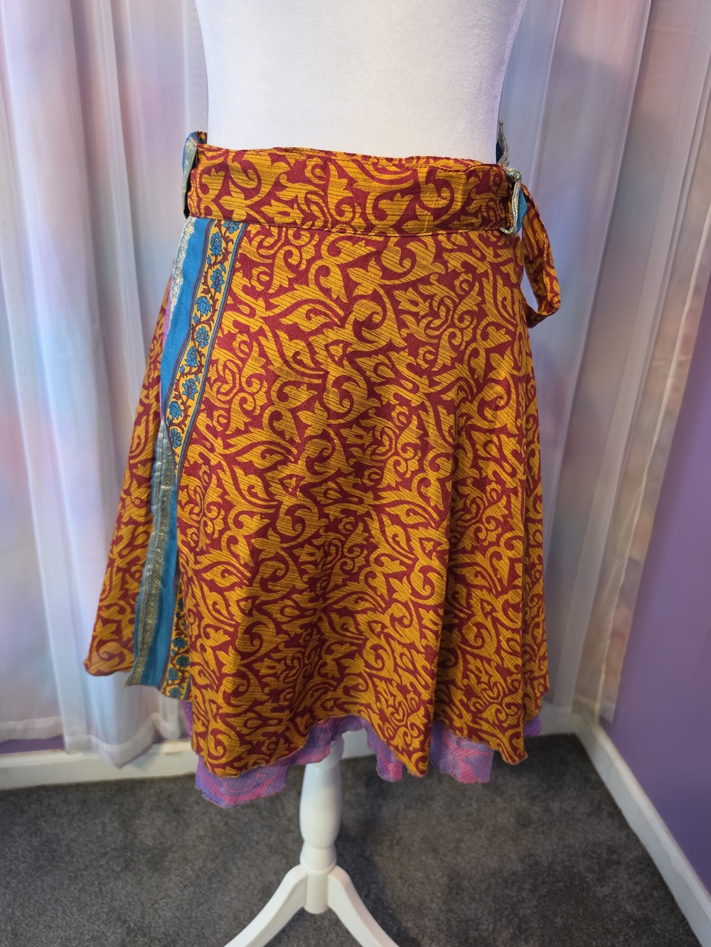 Local Handcrafted Silk Gold Red Indian Floral Tie Wrap Midi Skirt Size OSFM